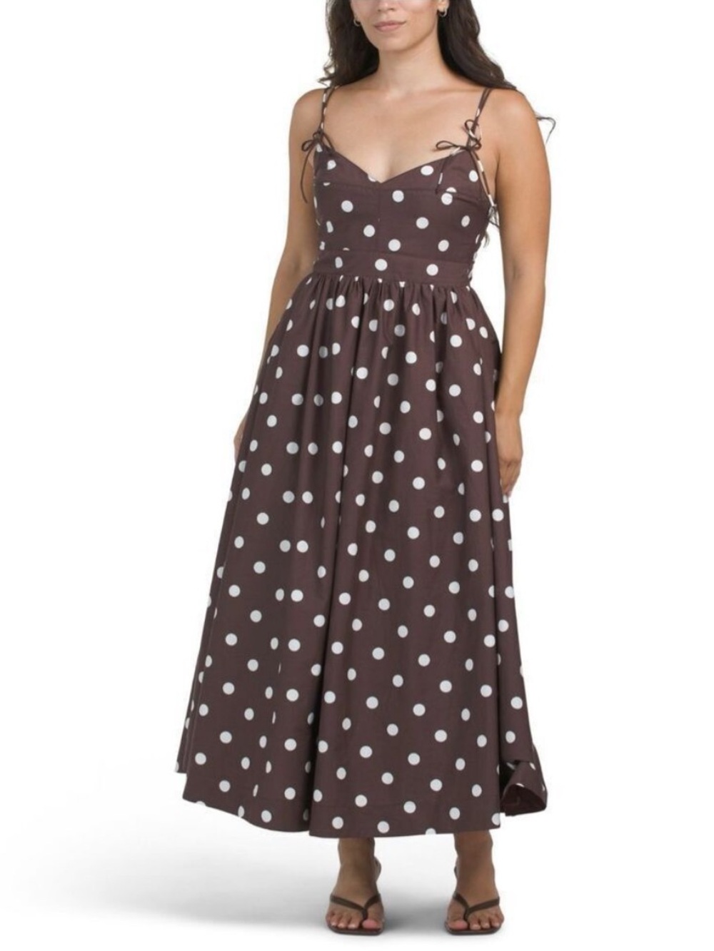 En Saison Polka Dot Midi Dress Brown White Tie Strap Size S
